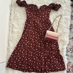 House of CB Off Shoulder Sexy Lauren & Carina Floral Midi Burgundy Wine Dress M